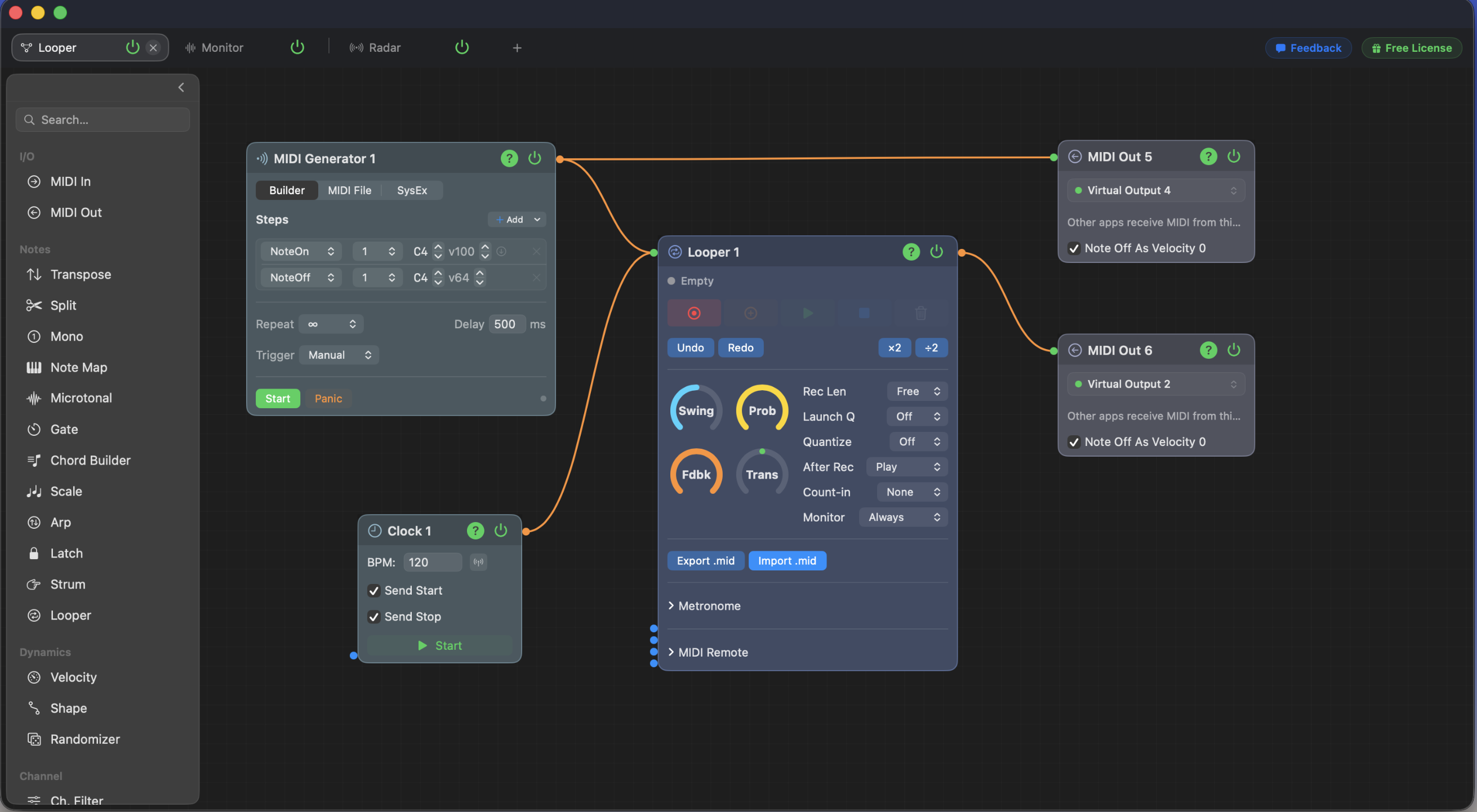 Midilize patch-graph with a looper, clock, MIDI generator, and multiple output nodes connected by cables